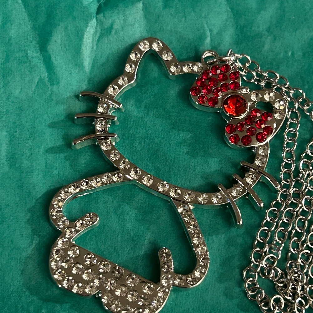 Silver and Red Rhinestones Hello Kitty Pendant Necklace
